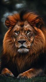 Male lion portrait in dark natural habitat setting.