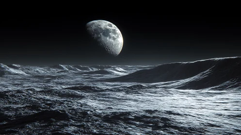 Moonlit frozen alien seascape under dark starless sky.