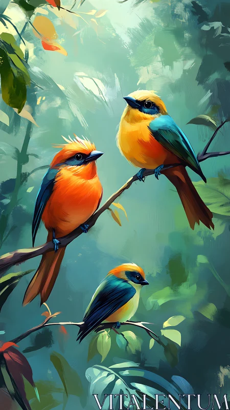 Tropical songbirds perched in lush painterly foliage scene.
