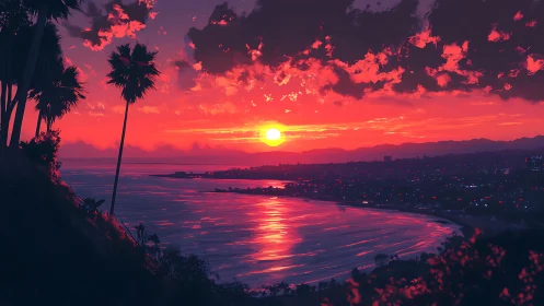 Digital painting sunset over neon-lit coastal city panorama.