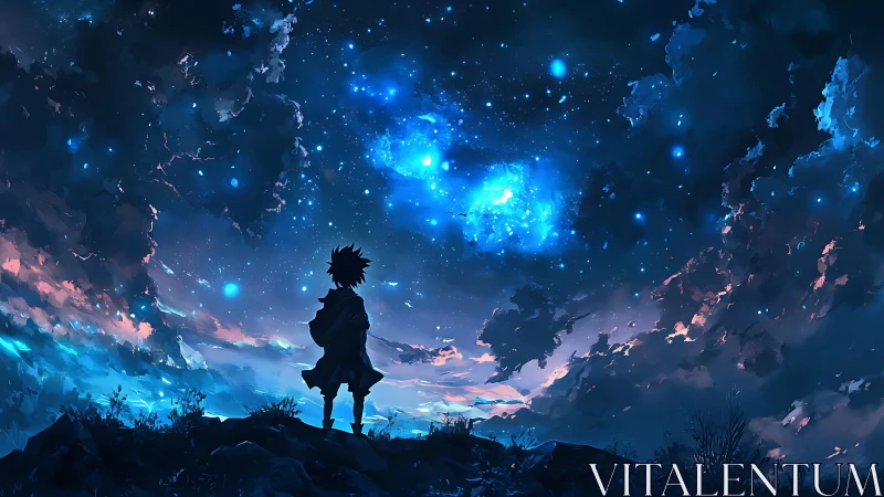 Silhouetted youth under bioluminescent nebula night sky