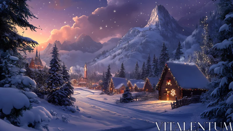 Snowy mountain village with lit cabins at winter dusk.