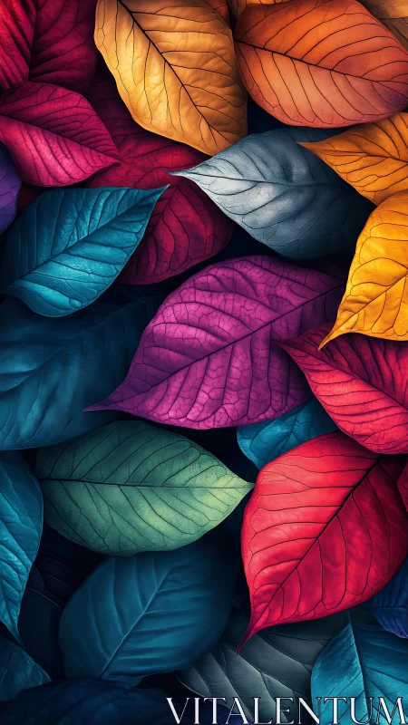 Multicolored overlapping leaves form a dense, textured layer