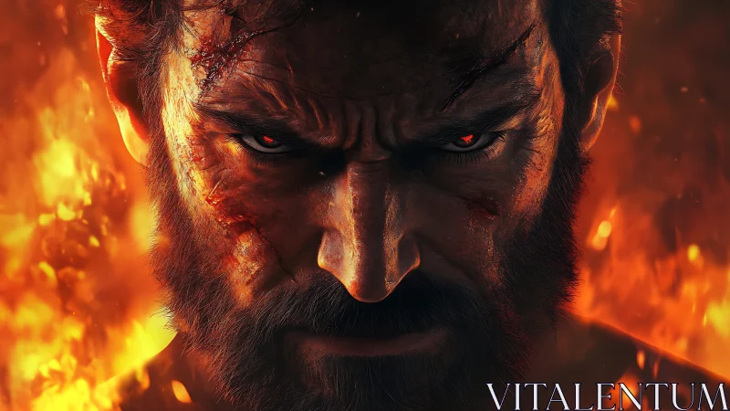 Scorched warrior glare amid erupting inferno of rage.