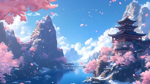 Serene cherry blossom valley renders layered pagoda landscape