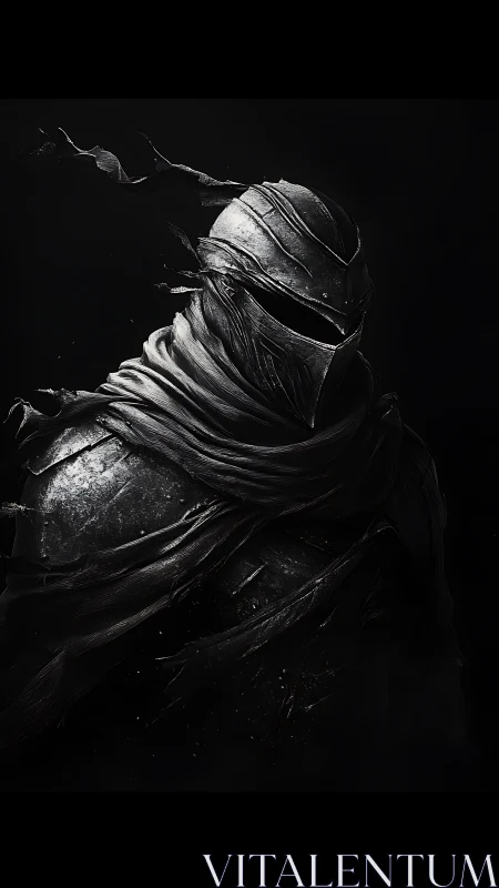 Silent armored wanderer wrapped in windswept shadow.