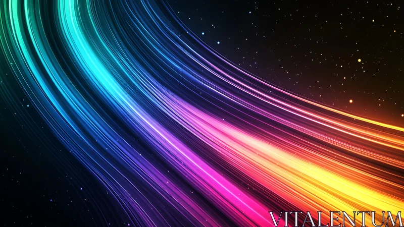 Curved neon light trails on dark starry space background.