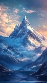 Glaciated alpine spire above subpolar fjord under chromatic sky.