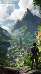 Explorer overlooking dense jungle valley and lost temple.