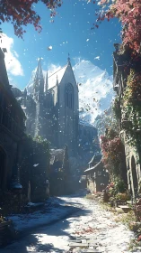 Snow-dusted village street below mountain church facade.