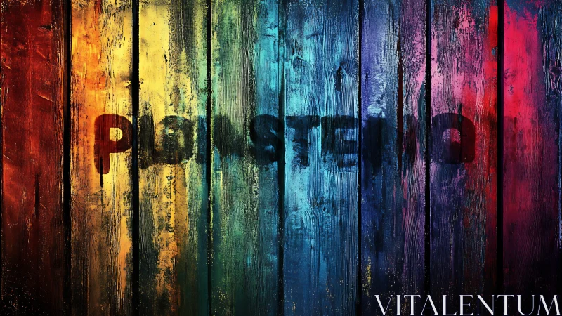 Rainbow planks glow with hidden stencil wordplay in paint.
