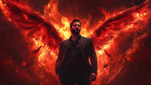 Infernal winged figure in pyroclastic digital chiaroscuro.