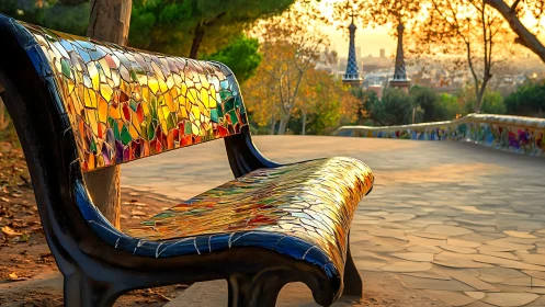 Colorful mosaic park bench at golden hour in cityscape.