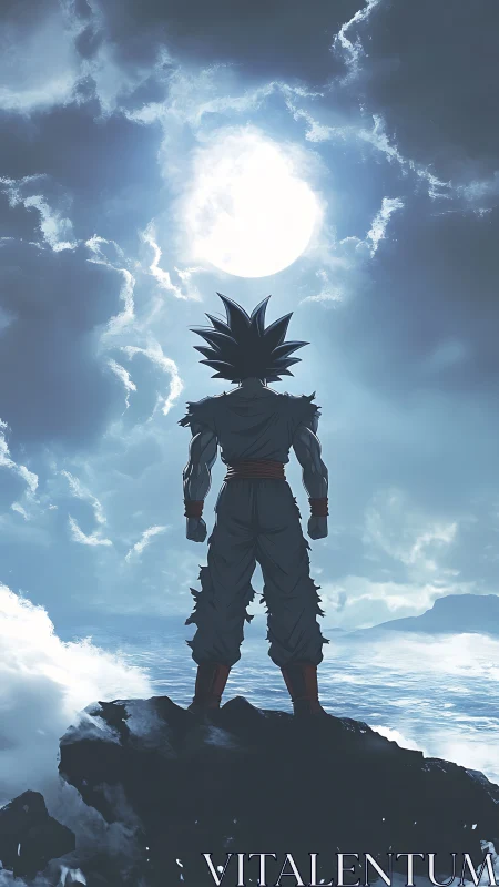 Lone anime warrior quietly studies the glowing moon above