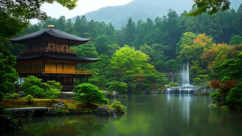 Japanese pavilion by forested lake with waterfall feature.