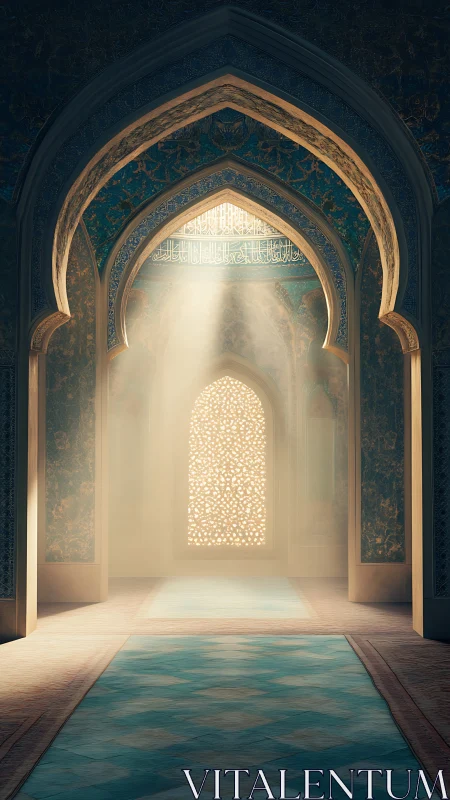 Luminous arches within ornate mosque interior corridor.
