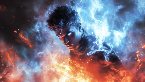 Elemental duality portrait of blue fire and orange flames