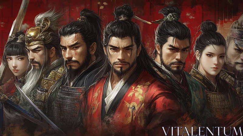 Dynastic warlords in ornate armor under crimson banners.