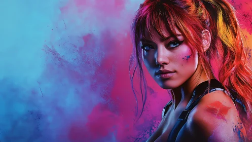 Vibrant digital portrait of woman in neon color haze.