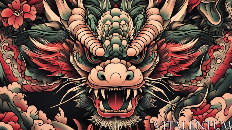 Fierce stylized dragon head with layered floral clouds.