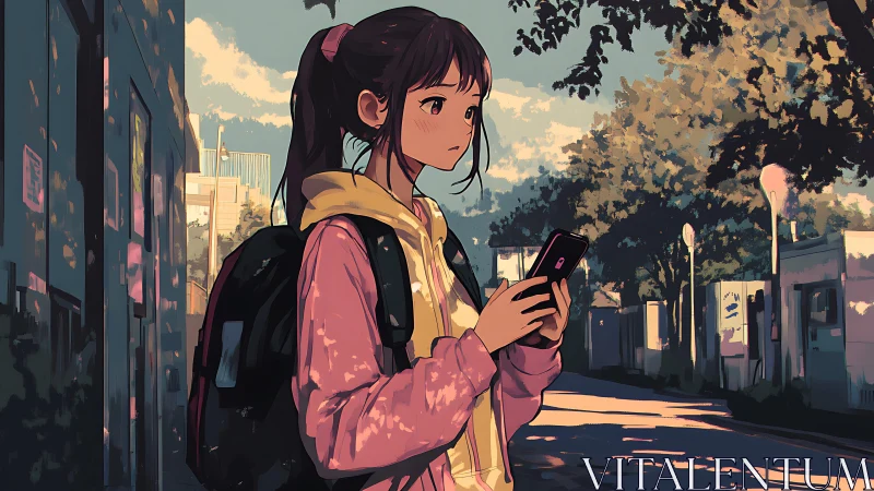 Urban twilight student with phone in cel-shaded anime scene.