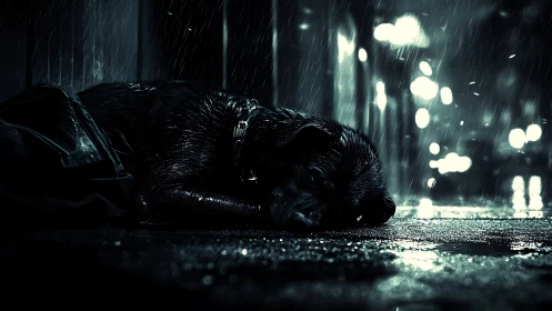 Rain-soaked black dog on neon-lit urban sidewalk at night.