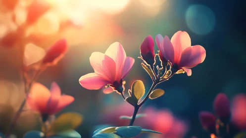 Magnolia blossoms glow against soft bokeh backdrop.