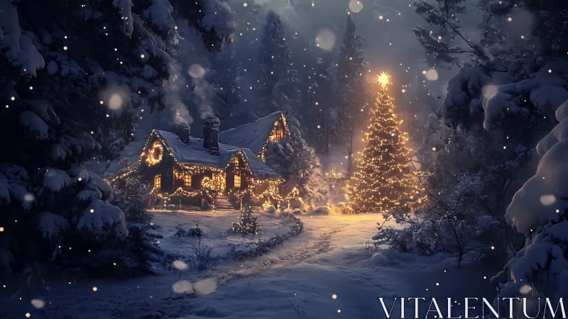 Cozy winter cabin glowing with soft Christmas tree lights.