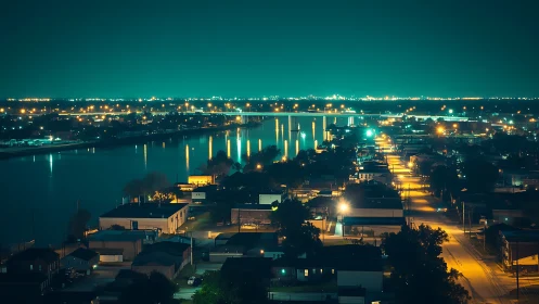 Riverfront city nightscape shows teal sky and golden lights