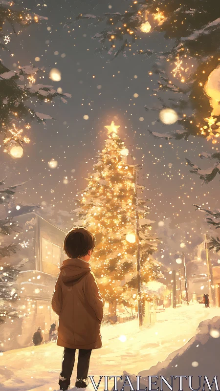 Backlit child observes illuminated snow-covered Christmas tree at dusk