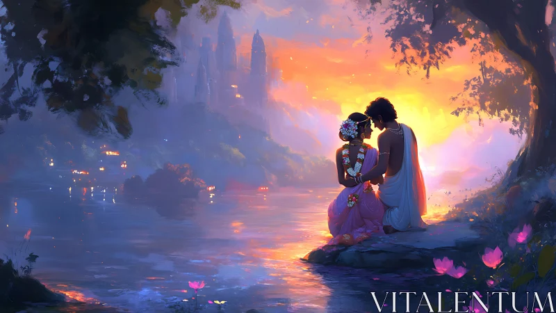 Luminescent Fantasy Landscape: Couple Embracing Under Celestial Sunset.