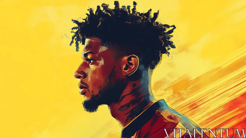 Bold profile portrait glows against a radiant yellow sky