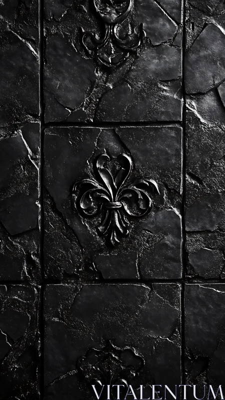 Gothic obsidian tiles etched with baroque fleur de lis forms.