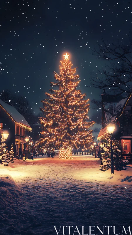 Snowy town square with luminous Christmas tree centerpiece.