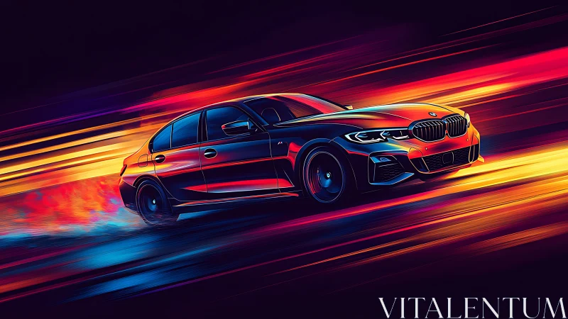 Rendered sports sedan moves through stylized light trails