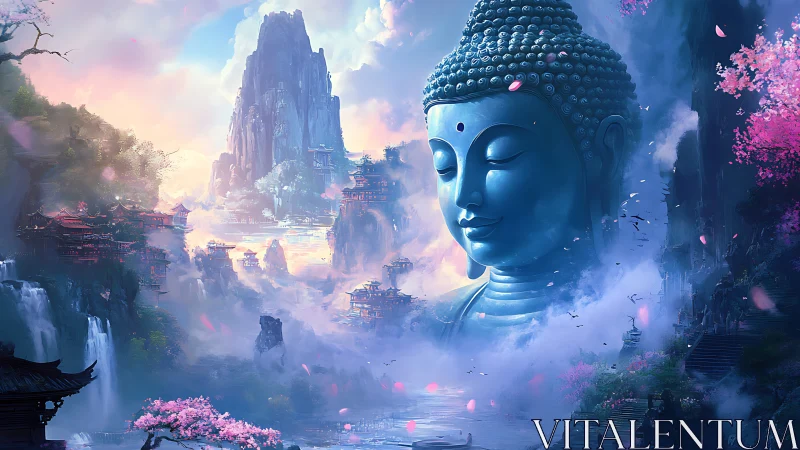 Colossal blue Buddha bust over misty waterfalls and pagodas
