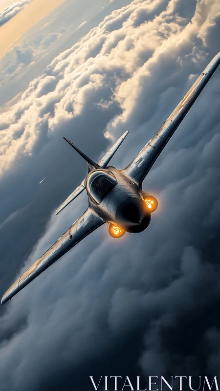 Jet fighter diving through storm clouds at sunset sky.