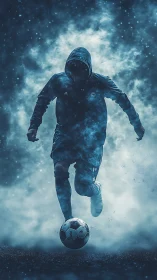 Hooded soccer player dribbles ball through dense blue mist