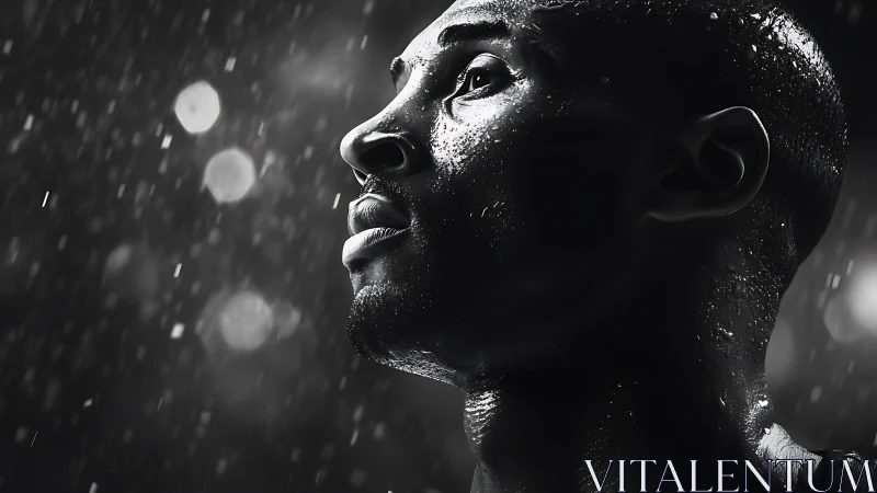 High-contrast wet portrait under directional stadium rain lighting.