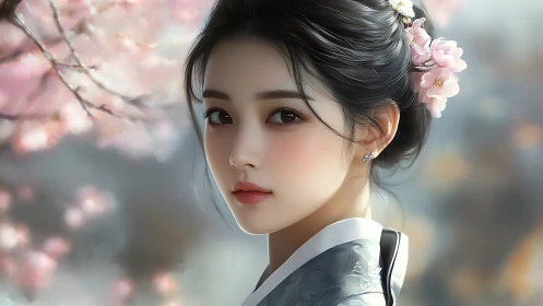 Serene kimono portrait under soft blooming sakura light.