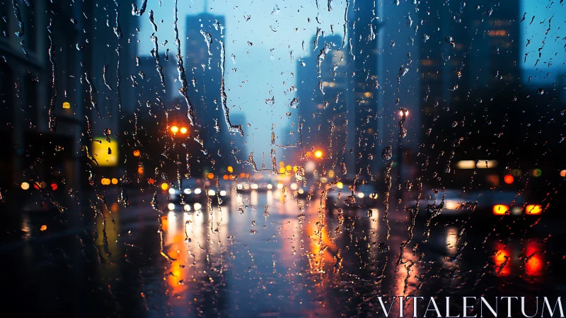 Rain streaks blur a neon city street in soft evening light