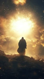 Robed figure stands on rocky hill beneath intense glowing sky