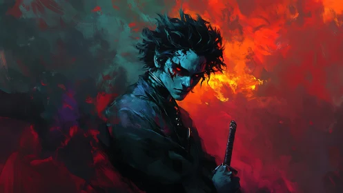 Midnight swordsman carves through stormfire with quiet rage