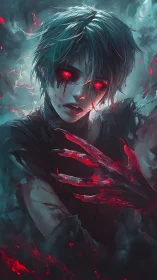 Bloodlit demon youth with glowing claws in toxic mist.