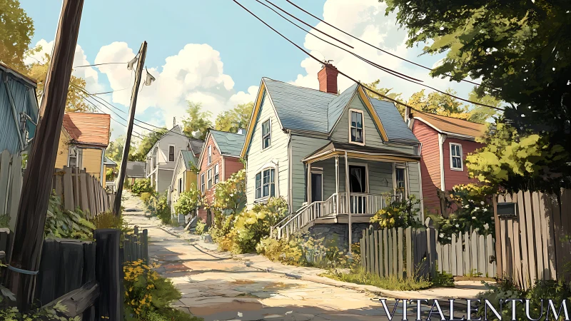 Sunlit sloping lane with wooden cottages and overhead power lines