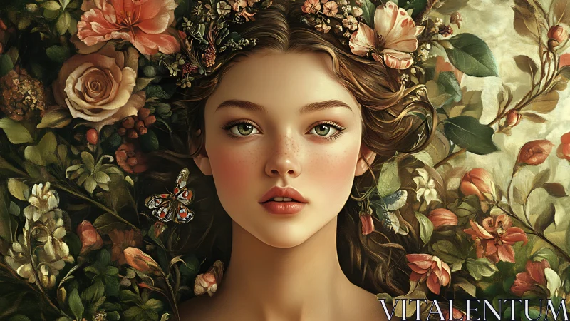 Floral crowned muse gazing through a painted garden hush.
