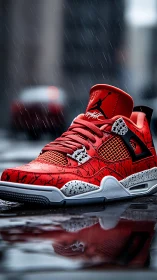 Red basketball sneaker rests on wet urban street in rain
