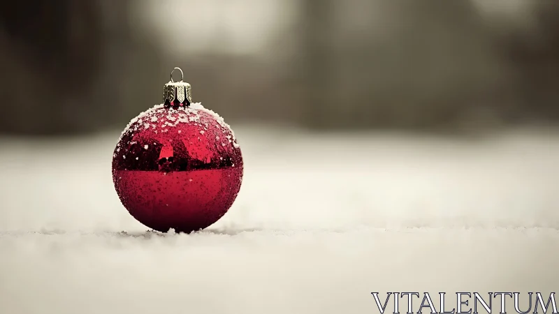 Solitary crimson bauble resting softly in winter hush.