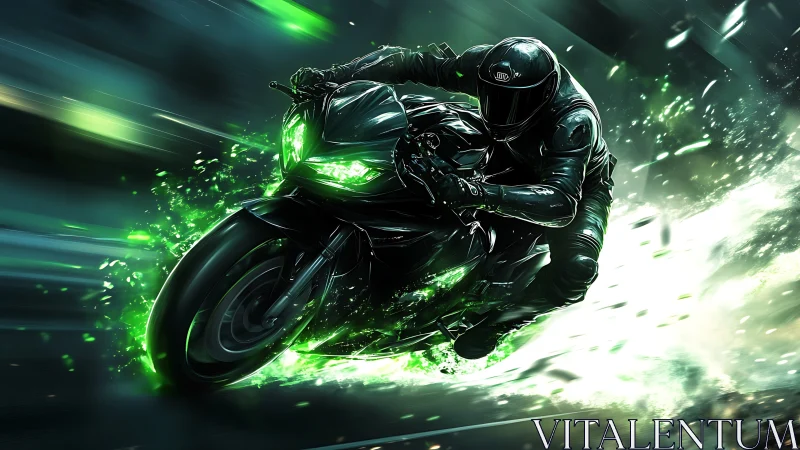 Neon green superbike racer carving dynamic light trail.