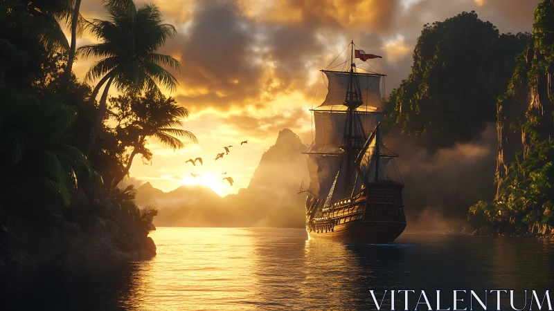 Golden Voyage: A Majestic Sailing Ship at Sunrise